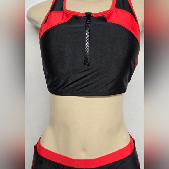 XXL Black And Red Cropped Tankini Shorts Racerback Padded Bra Athletic Style - Picture 2 of 7